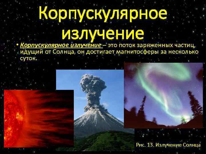 Корпускулярное излучение • Корпускулярное излучение – это поток заряженных частиц, идущий от Солнца, он