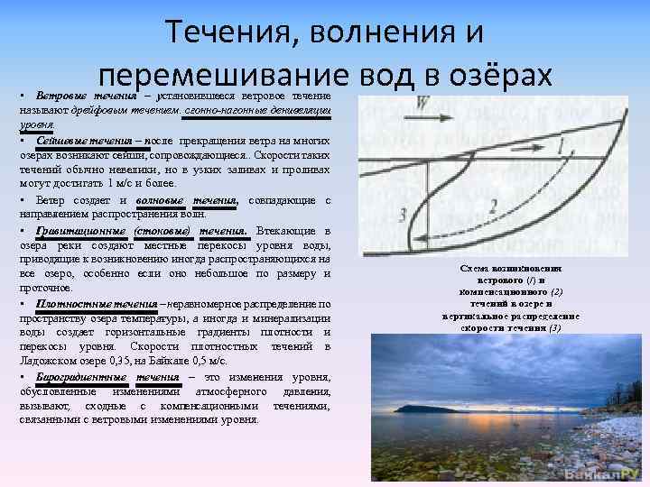 Течения, волнения и перемешивание вод в озёрах • Ветровые течения – установившееся ветровое течение