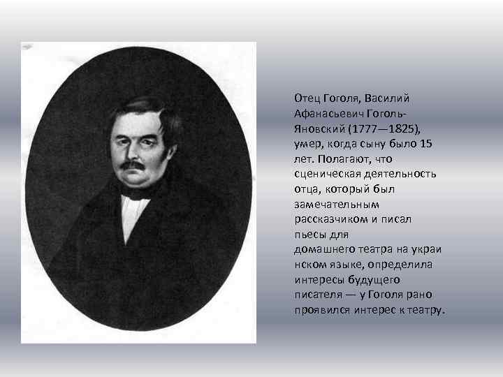 Отец Гоголя, Василий Афанасьевич Гоголь. Яновский (1777— 1825), умер, когда сыну было 15 лет.