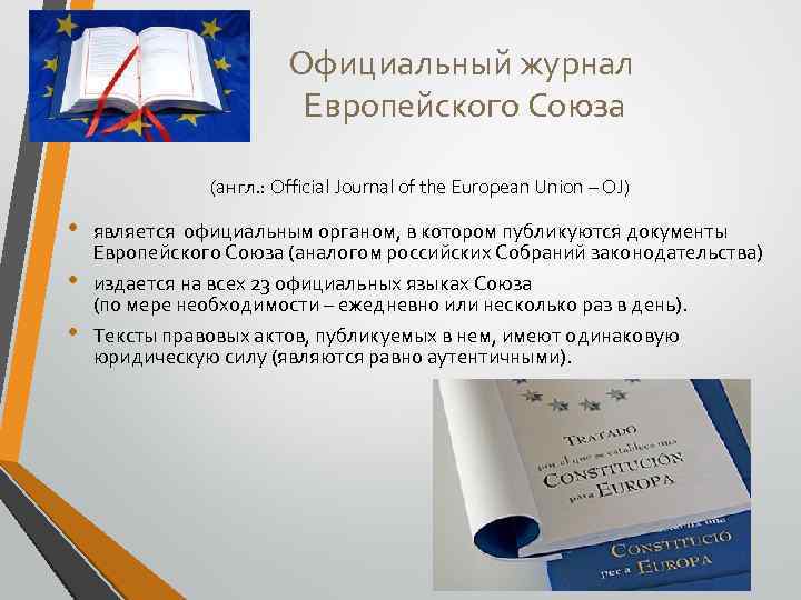 Официальный журнал Европейского Союза (англ. : Official Journal of the European Union – OJ)
