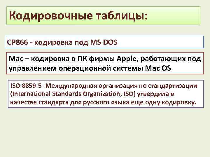 Кодировочные таблицы: СР 866 - кодировка под MS DOS Мас – кодировка в ПК