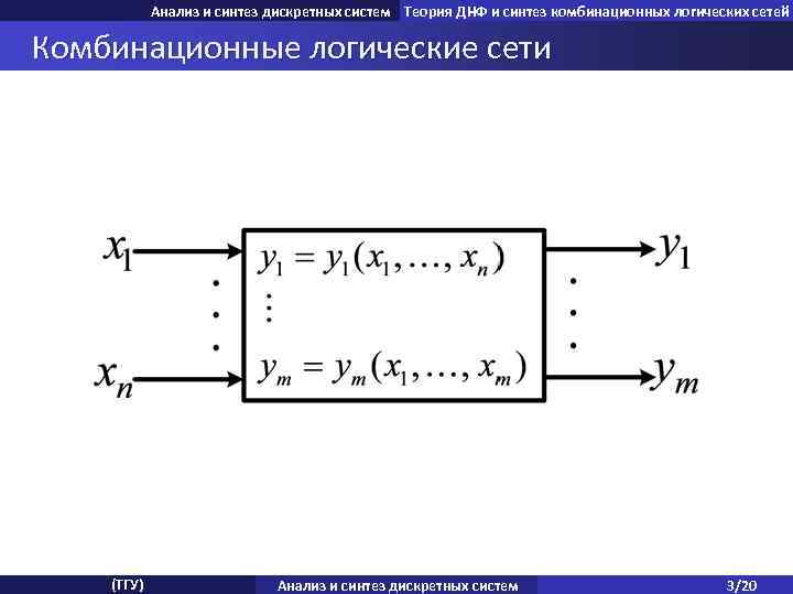 Анализ и синтез дискретных систем Теория ДНФ и синтез комбинационных логических сетей Комбинационные логические