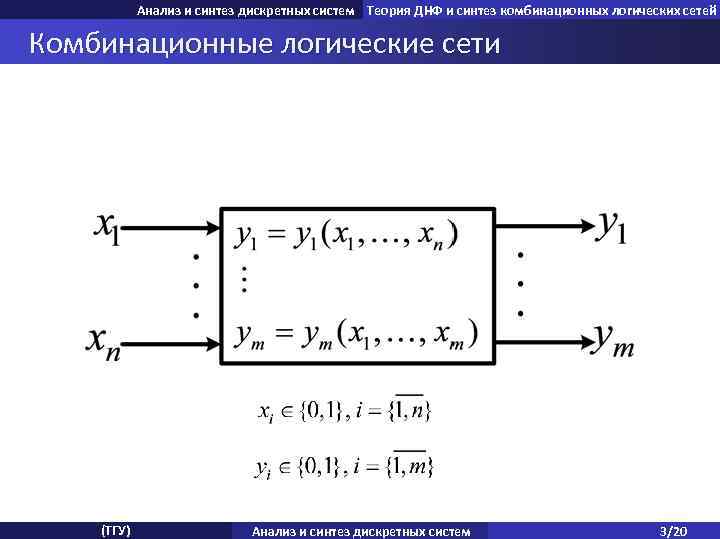 Анализ и синтез дискретных систем Теория ДНФ и синтез комбинационных логических сетей Комбинационные логические