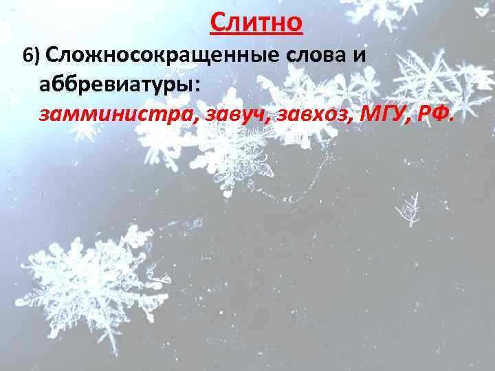 Слитно Словарный диктант 6) Сложносокращенные слова и аббревиатуры: замминистра, завуч, завхоз, МГУ, РФ. 