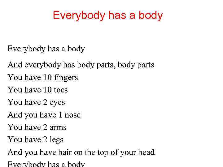 Everybody has a body And everybody has body parts, body parts You have 10