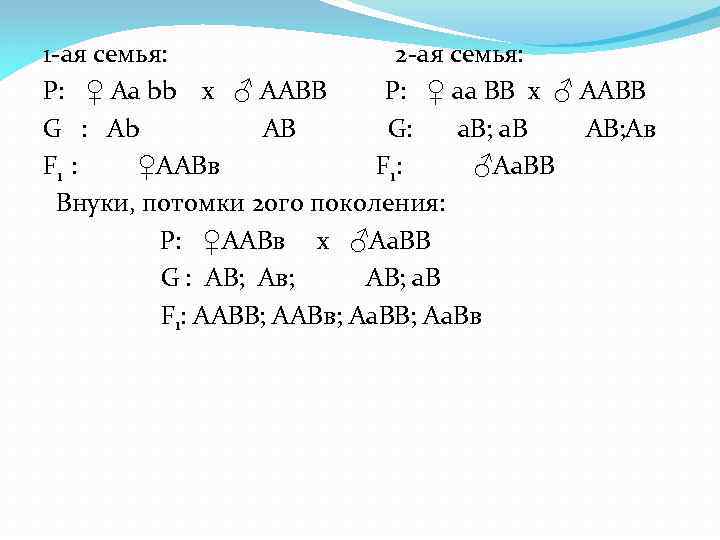 1 -ая семья: 2 -ая семья: Р: ♀ Аа bb х ♂ ААВВ Р: