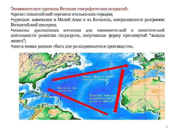Экономические причины Великих географических открытий: • кризис левантийской торговли итальянских городов; • турецкие завоевания