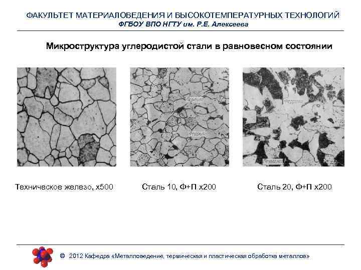 ФАКУЛЬТЕТ МАТЕРИАЛОВЕДЕНИЯ И ВЫСОКОТЕМПЕРАТУРНЫХ ТЕХНОЛОГИЙ ФГБОУ ВПО НГТУ им. Р. Е. Алексеева Микроструктура углеродистой