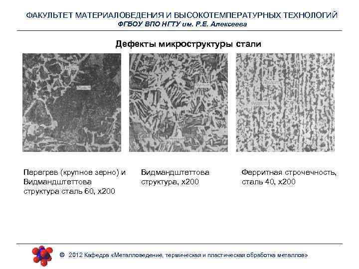 ФАКУЛЬТЕТ МАТЕРИАЛОВЕДЕНИЯ И ВЫСОКОТЕМПЕРАТУРНЫХ ТЕХНОЛОГИЙ ФГБОУ ВПО НГТУ им. Р. Е. Алексеева Дефекты микроструктуры