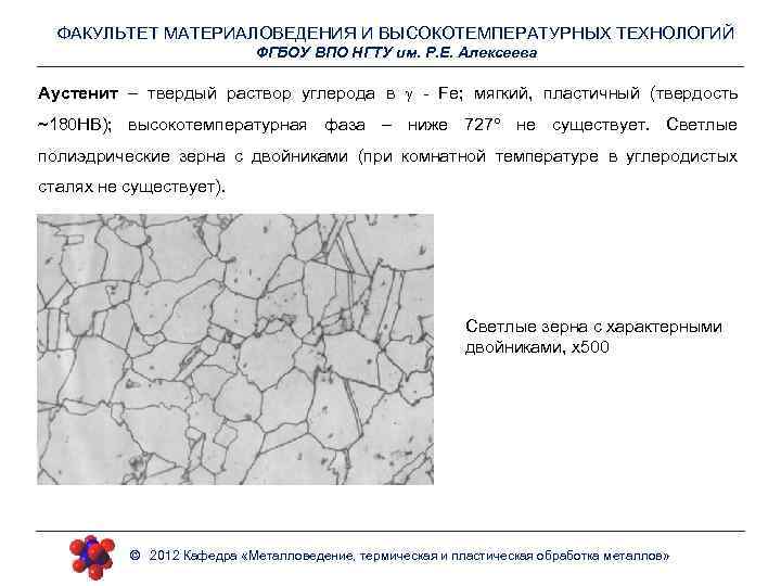 ФАКУЛЬТЕТ МАТЕРИАЛОВЕДЕНИЯ И ВЫСОКОТЕМПЕРАТУРНЫХ ТЕХНОЛОГИЙ ФГБОУ ВПО НГТУ им. Р. Е. Алексеева Аустенит –