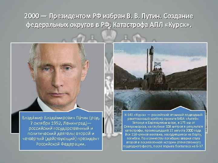 2000 — Президентом РФ избран В. В. Путин. Создание федеральных округов в РФ. Катастрофа