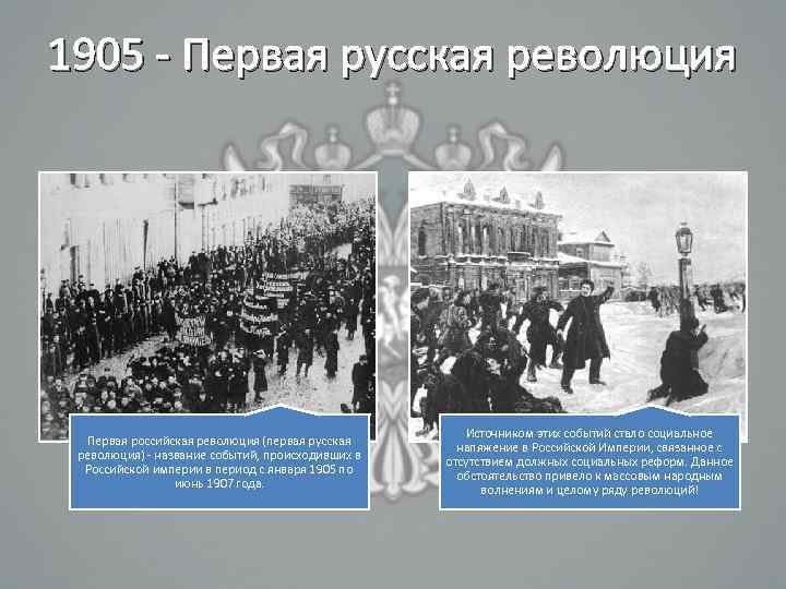 1905 - Первая русская революция Первая российская революция (первая русская революция) - название событий,
