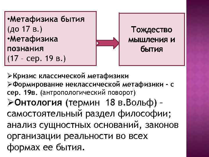  • Метафизика бытия (до 17 в. ) • Метафизика познания (17 – сер.