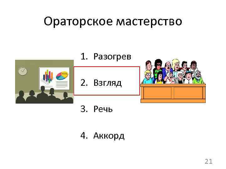 Ораторское мастерство 1. Разогрев 2. Взгляд 3. Речь 4. Аккорд 21 