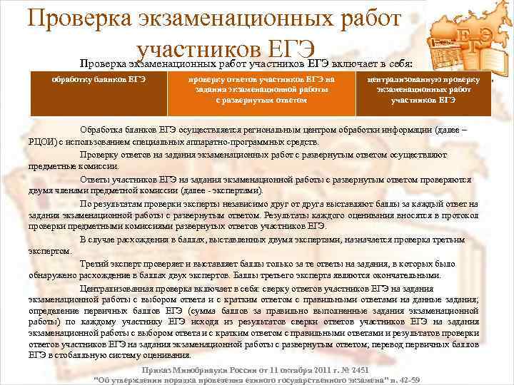 Проверка экзаменационных работ участников ЕГЭ Проверка экзаменационных работ участников ЕГЭ включает в себя: обработку