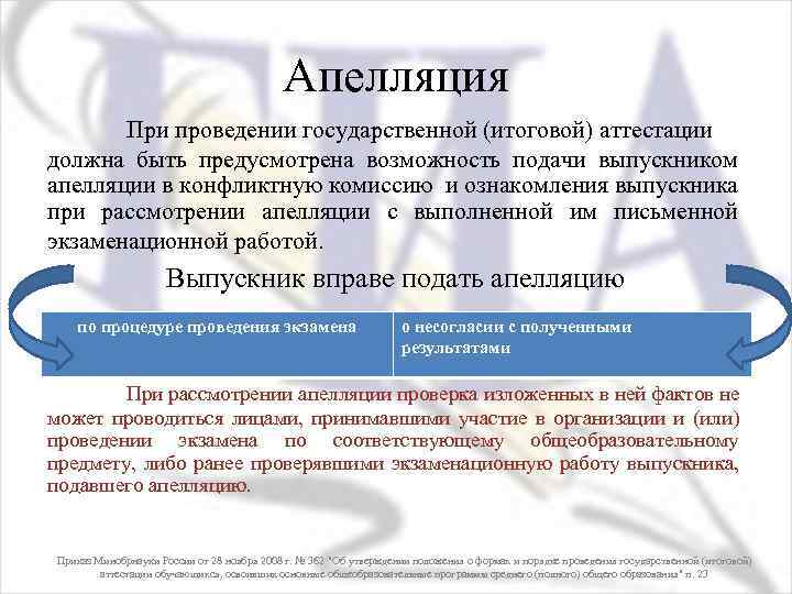 Апелляция При проведении государственной (итоговой) аттестации должна быть предусмотрена возможность подачи выпускником апелляции в