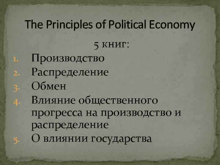 The Principles of Political Economy 1. 2. 3. 4. 5 книг: Производство Распределение Обмен