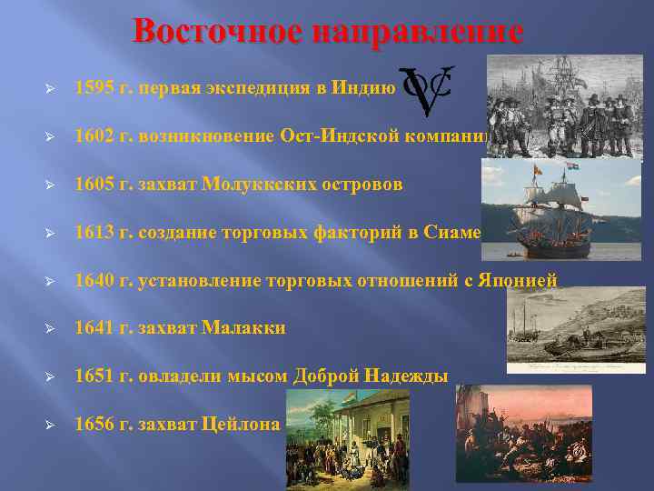 Восточное направление Ø 1595 г. первая экспедиция в Индию Ø 1602 г. возникновение Ост-Индской