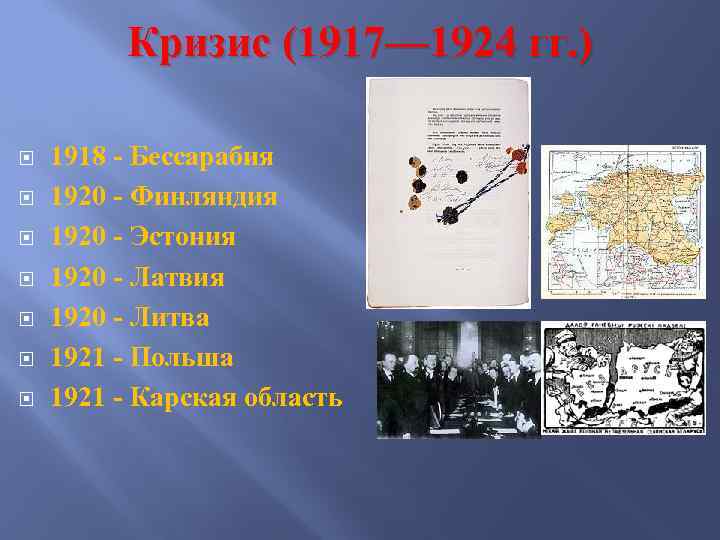 Кризис (1917— 1924 гг. ) 1918 - Бессарабия 1920 - Финляндия 1920 - Эстония