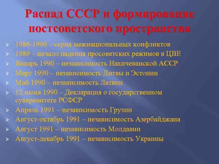 Распад СССР и формирование постсоветского пространства Ø Ø Ø Ø Ø 1986 -1990 –