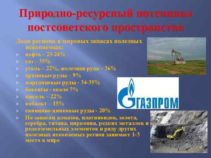 Природно-ресурсный потенциал постсоветского пространства Доля региона в мировых запасах полезных ископаемых: Ø Ø Ø