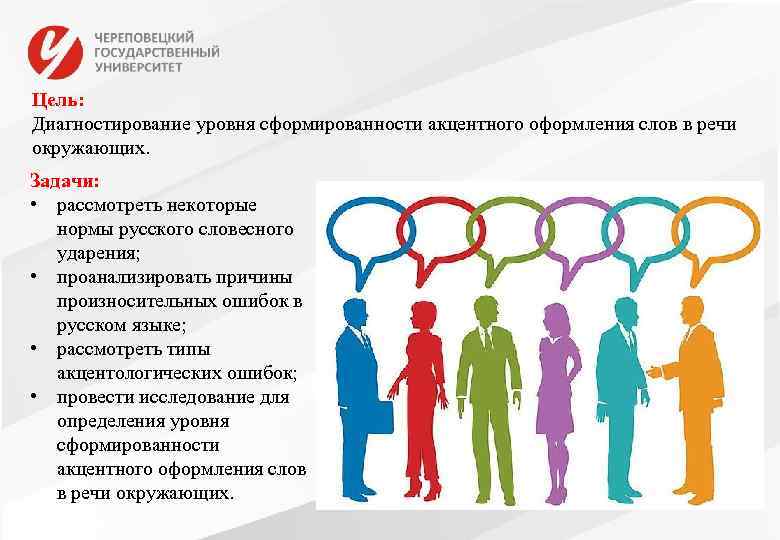 Цель: Диагностирование уровня сформированности акцентного оформления слов в речи окружающих. Задачи: • рассмотреть некоторые