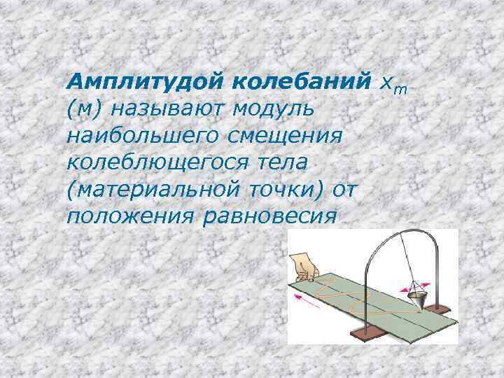 Амплитудой колебаний хm (м) называют модуль наибольшего смещения колеблющегося тела (материальной точки) от положения