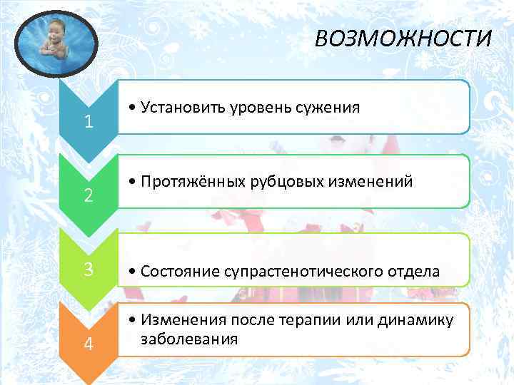 ВОЗМОЖНОСТИ 1 2 • Установить уровень сужения • Протяжённых рубцовых изменений 3 • Состояние