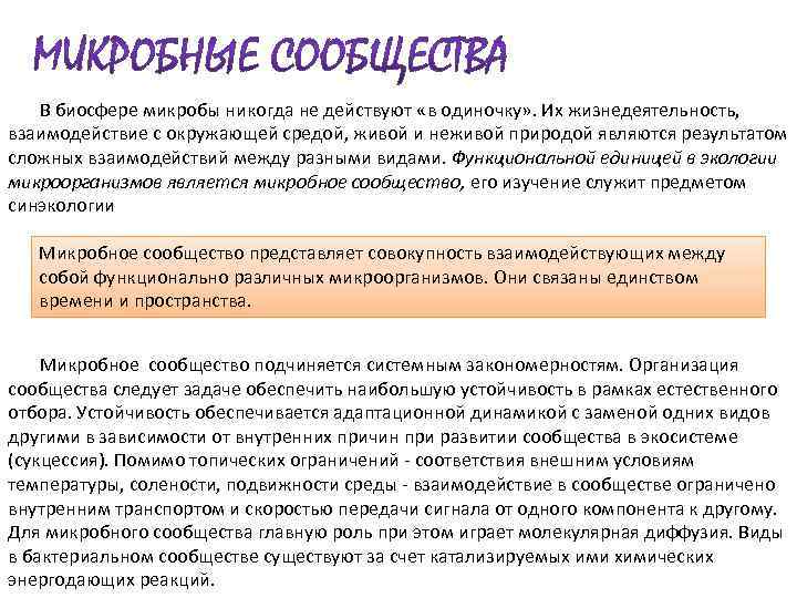  В биосфере микробы никогда не действуют «в одиночку» . Их жизнедеятельность, взаимодействие с