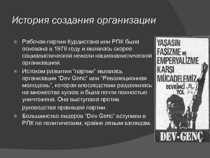 История создания организации Рабочая партия Курдистана или РПК была основана в 1978 году и