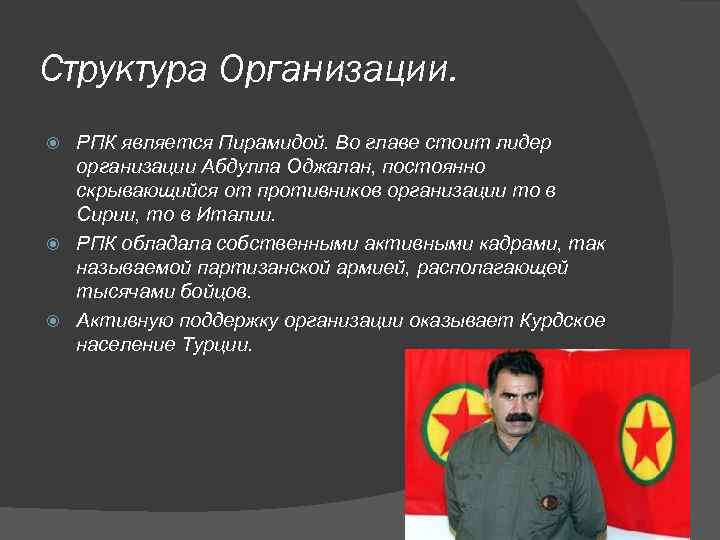 Структура Организации. РПК является Пирамидой. Во главе стоит лидер организации Абдулла Оджалан, постоянно скрывающийся