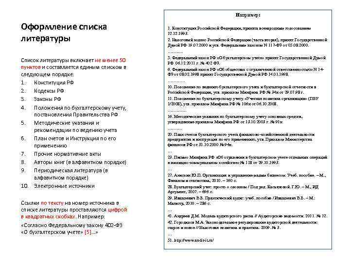Например: Оформление списка литературы Список литературы включает не менее 50 пунктов и составляется единым