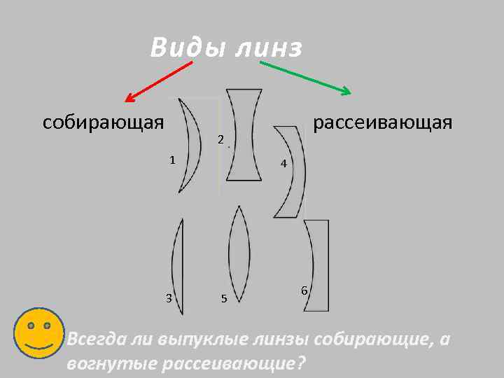 Виды линз собирающая рассеивающая 2 1 3 4 5 6 Всегда ли выпуклые линзы