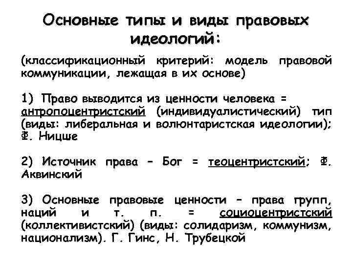 Основные типы и виды правовых идеологий: (классификационный критерий: модель правовой коммуникации, лежащая в их