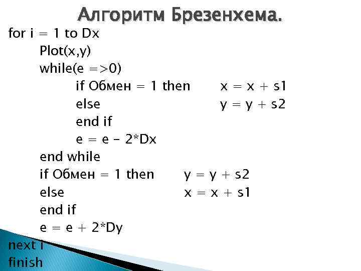 Алгоритм Брезенхема. for i = 1 to Dx Plot(x, y) while(e =>0) if Обмен