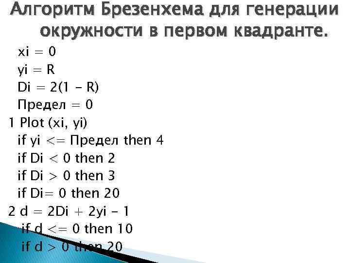 Алгоритм Брезенхема для генерации окружности в первом квадранте. xi = 0 yi = R
