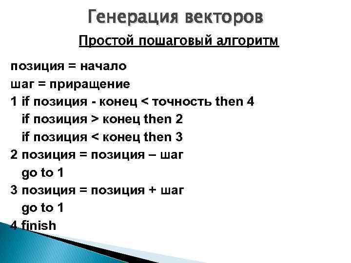 Генерация векторов Простой пошаговый алгоритм позиция = начало шаг = приращение 1 if позиция