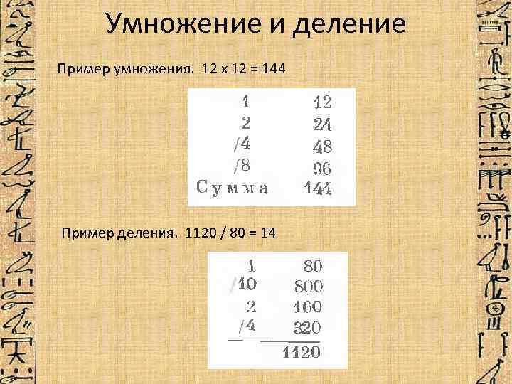 Умножение и деление Пример умножения. 12 х 12 = 144 Пример деления. 1120 /