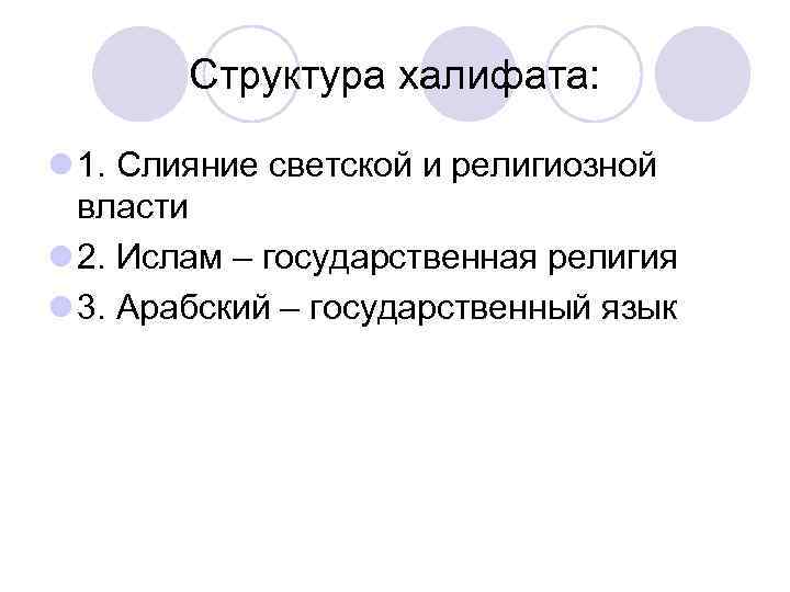 Структура халифата: l 1. Слияние светской и религиозной власти l 2. Ислам – государственная