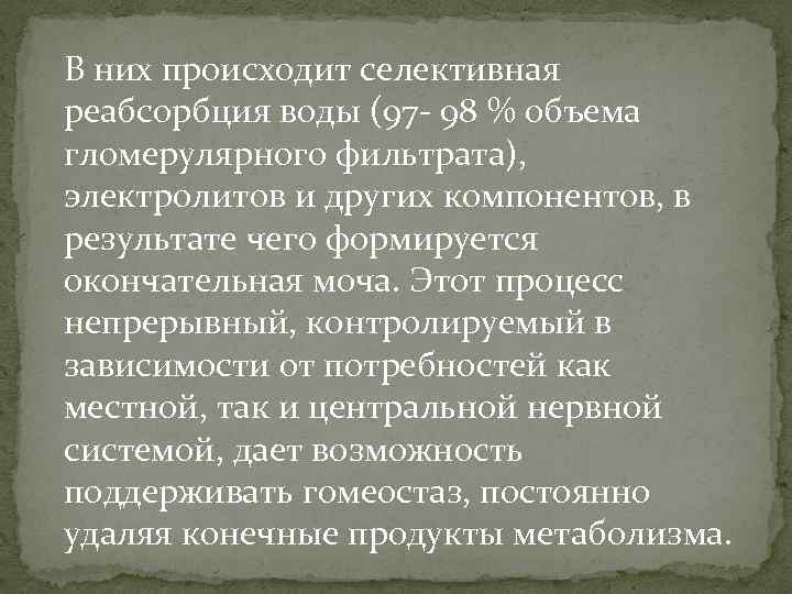 В них происходит селективная реабсорбция воды (97 - 98 % объема гломерулярного фильтрата), электролитов