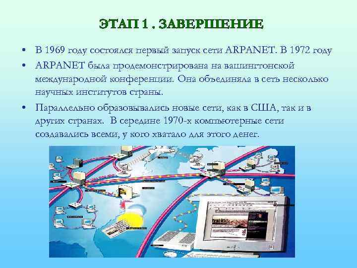 ЭТАП 1. ЗАВЕРШЕНИЕ • В 1969 году состоялся первый запуск сети ARPANET. В 1972