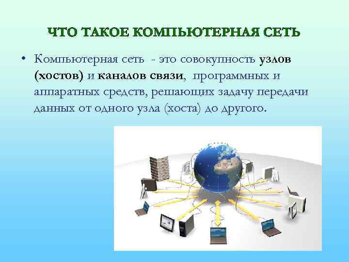 ЧТО ТАКОЕ КОМПЬЮТЕРНАЯ СЕТЬ • Компьютерная сеть - это совокупность узлов (хостов) и каналов