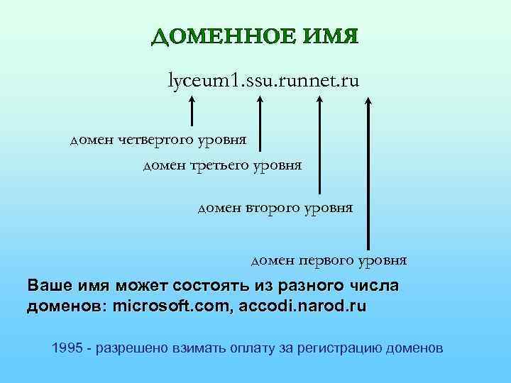 ДОМЕННОЕ ИМЯ lyceum 1. ssu. runnet. ru домен четвертого уровня домен третьего уровня домен