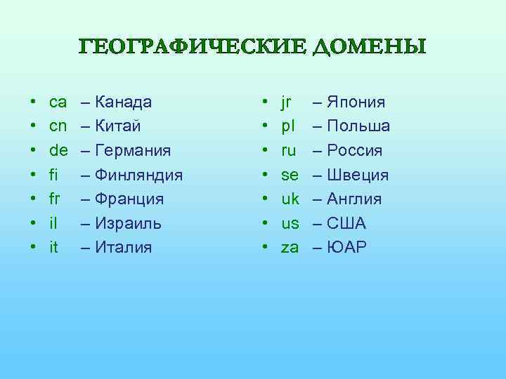 ГЕОГРАФИЧЕСКИЕ ДОМЕНЫ • • ca cn de fi fr il it – Канада –