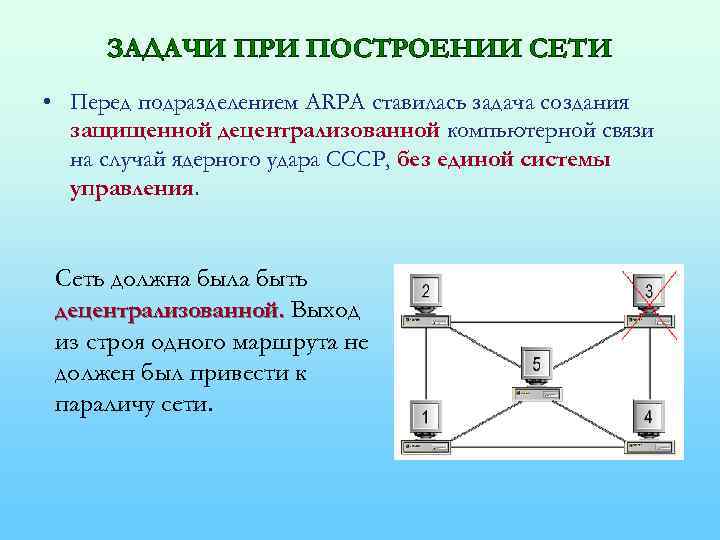 ЗАДАЧИ ПРИ ПОСТРОЕНИИ СЕТИ • Перед подразделением ARPA ставилась задача создания защищенной децентрализованной компьютерной