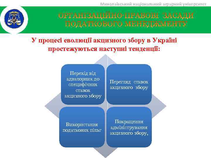 Миколаївський національний аграрний університет У процесі еволюції акцизного збору в Україні простежуються наступні тенденції: