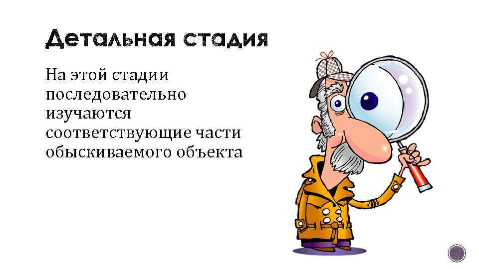 На этой стадии последовательно изучаются соответствующие части обыскиваемого объекта 