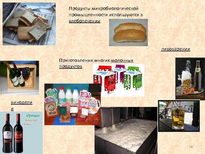 Продукты микробиологической промышленности используются в хлебопечении пивоварении Приготовлении многих молочных продуктов винодели и 14