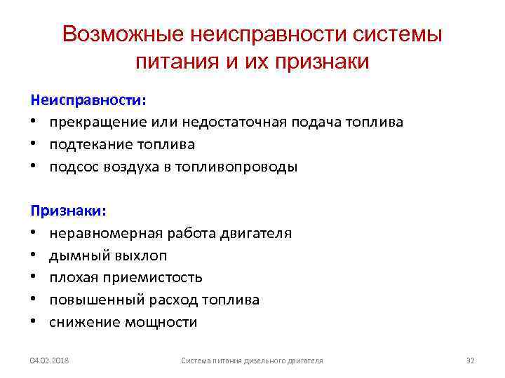 Возможные неисправности системы питания и их признаки Неисправности: • прекращение или недостаточная подача топлива