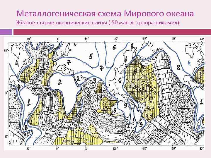 Металлогеническая схема Мирового океана Жёлтое-старые океанические плиты ( 50 млн. л. -ср. юра-ниж. мел)